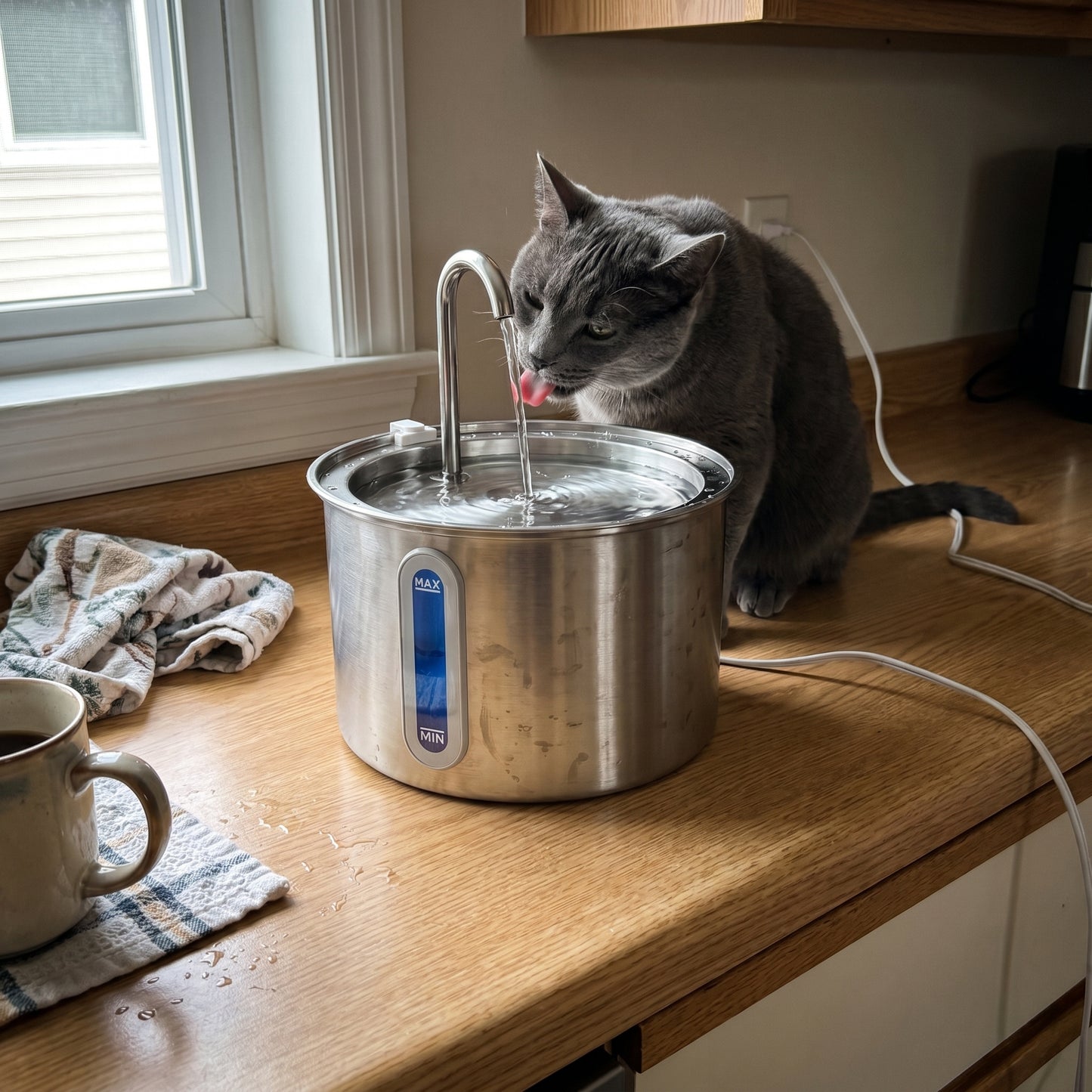 Cat drinking from the Mewbrook stainless steel fountain on a kitchen bench