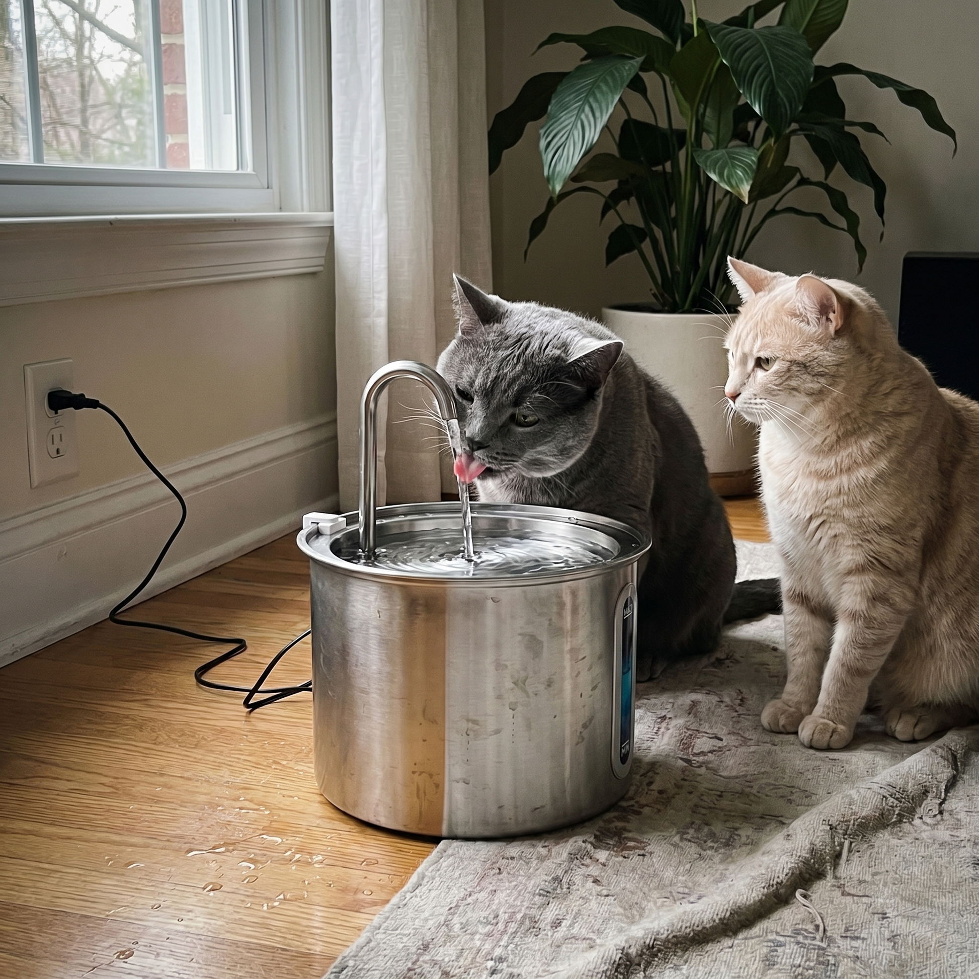 Two cats beside the Mewbrook stainless steel fountain in a living room