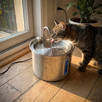 Cat drinking from the Mewbrook fountain by a window in warm afternoon light