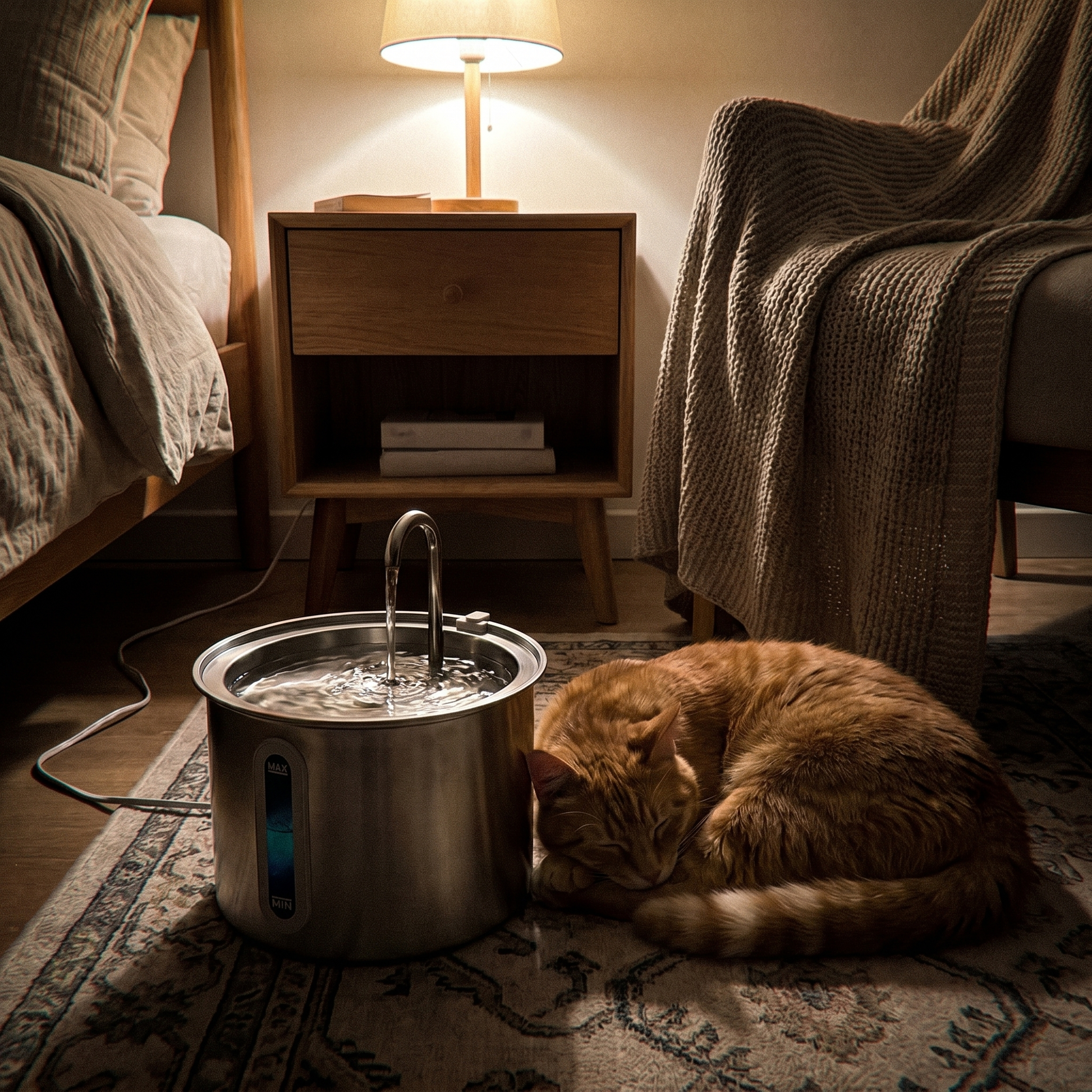 Mewbrook fountain running quietly at night beside a sleeping cat
