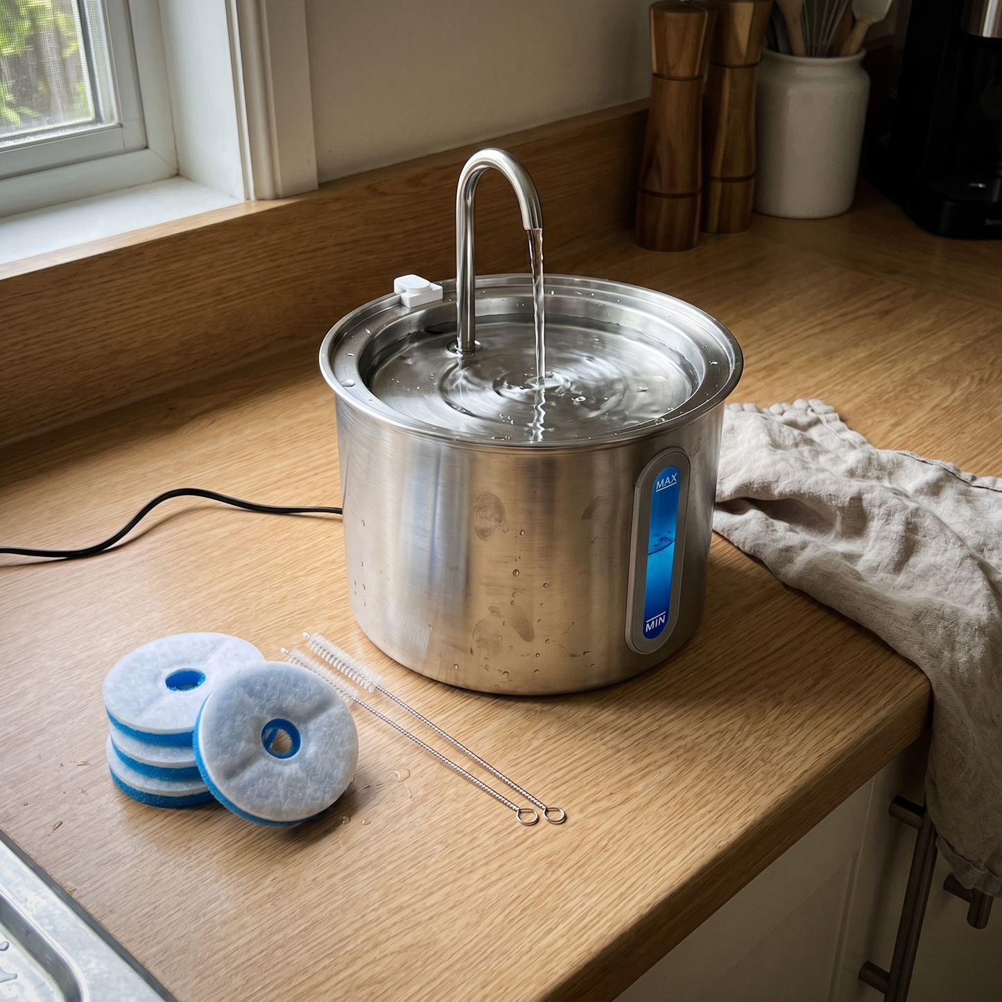 Mewbrook Complete Hydration Kit set up on a kitchen bench with filters and cleaning brushes