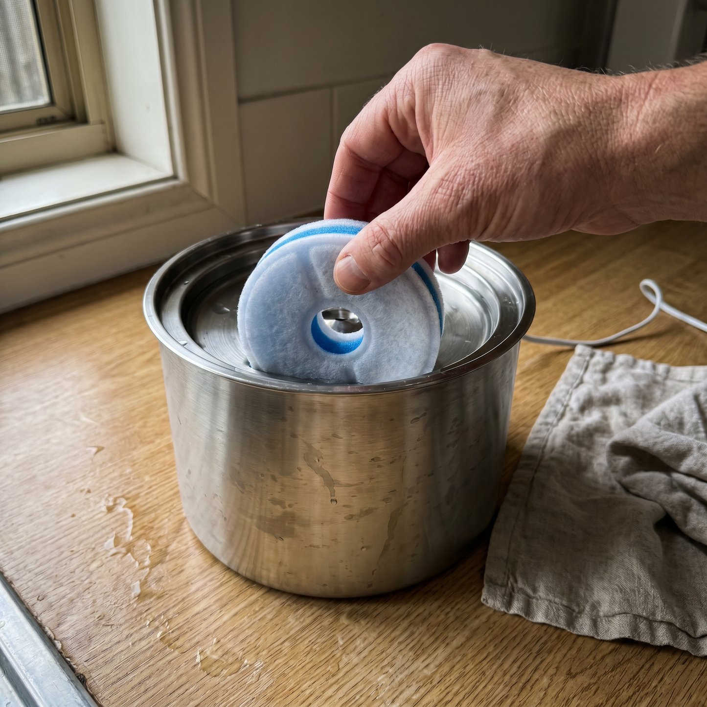 Replacing a Mewbrook triple-layer filter in the stainless steel cat water fountain
