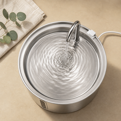 Top-down view of the Mewbrook stainless steel cat water fountain