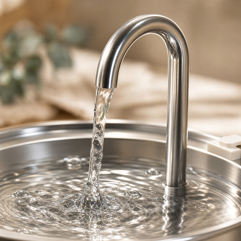 Close-up of fresh water flowing from the stainless steel spout